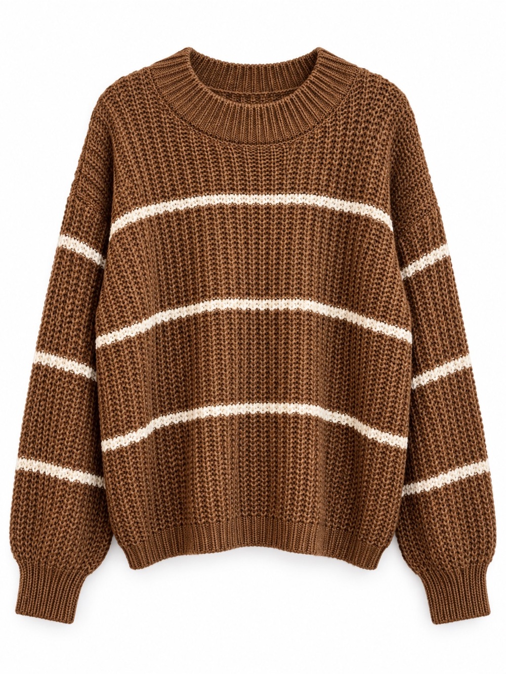 Zenana Outfitters Brown and Cream Striped Crewneck Sweater - Picture 2 of 7